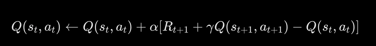 <p>On-policy. Learns values of the current exploratory policy (safer in online systems).</p><p>Q(s, a) ← Q(s, a) + α [ R + γ Q(s', a') - Q(s, a) ]</p>