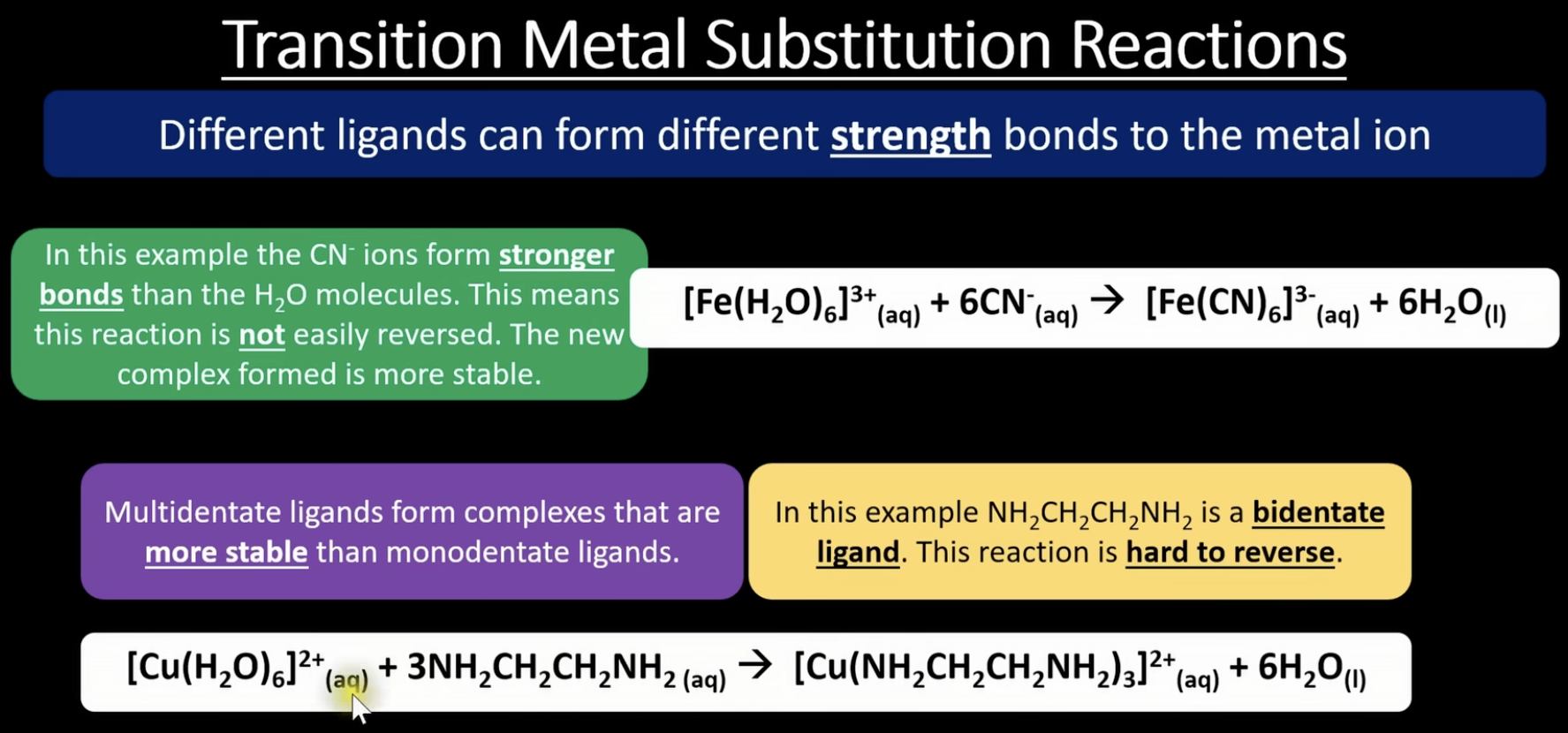 <p>when ligand substitution occurs, some ligand-metal bonds are stronger than other, which means its harder to reverse some reactions</p><p>multi dentate ligands form more stable complexes than monodentate </p>