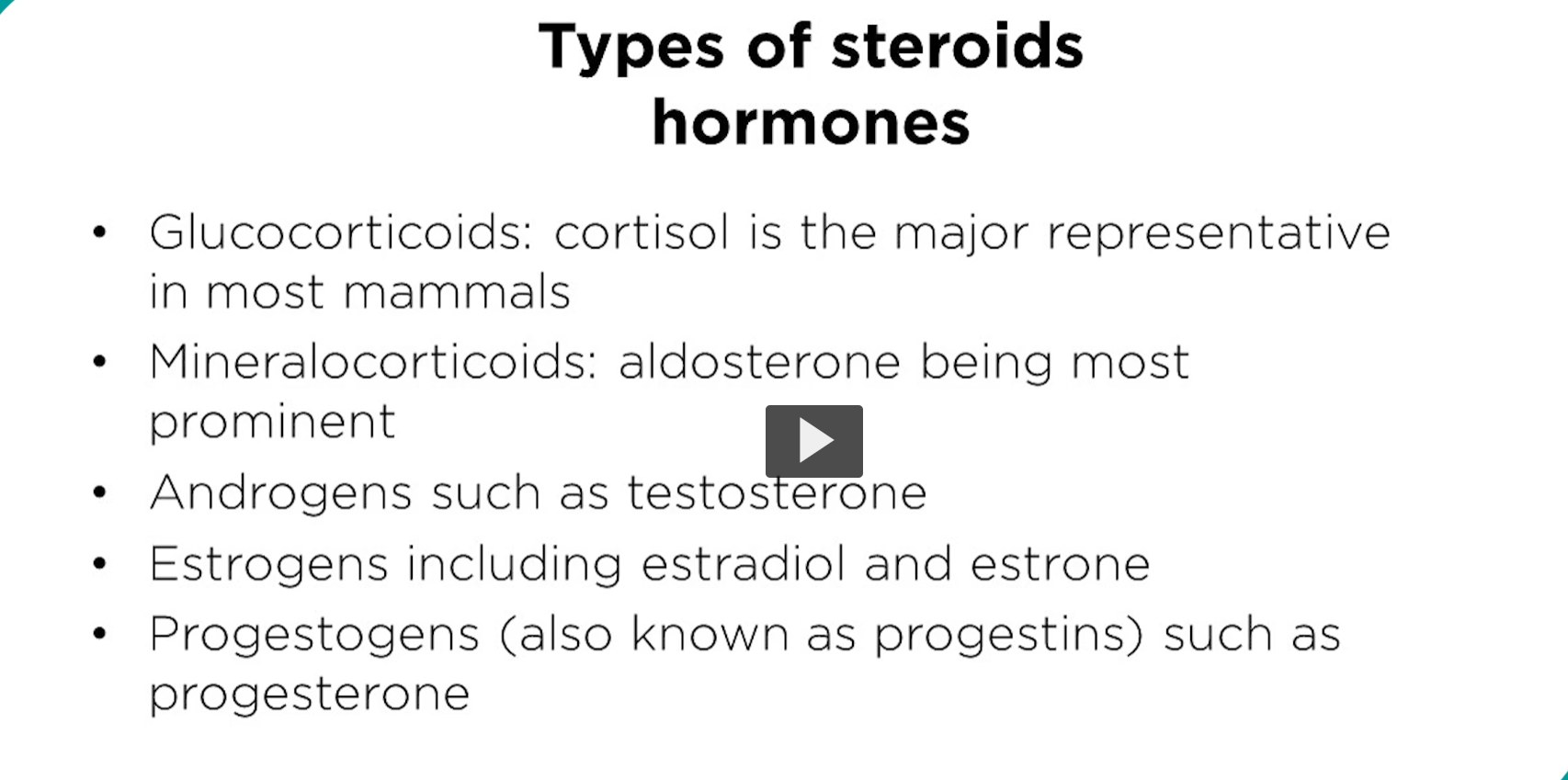 <p><u>steroids behave like other lipids</u></p><p>steroids behavior like other lipids, let us review the following steroid hormones. </p><ol><li><p>glucocorticoids, we have discussed previously, an example is cortisol, which plays a role in various physiological processes, including metabolism, immune response and stress regulation. Cortisol is an <strong>anti-inflammatory steroid</strong> that also induces the expression of the gluconeogenic pathway enzymes</p></li><li><p>mineral corticoid: with aldosterone is an example? Aldosterone plays a crucial role in regulating electrolyte balance, blood pressure, and fluid volume in your body. </p></li><li><p>Androgens are primarily known for their roles in male sexual development and reproductive function. Androgens also influence both males and females mood, cognition, and behavior. </p></li><li><p>Estrogens are a group of steroid hormones primary associated with female reproductive function. </p></li><li><p>Progesterone is a steroid hormone primarily associated with female reproduction function, particularly, during the menstrual cycle and pregnancy.  </p></li></ol><p></p>