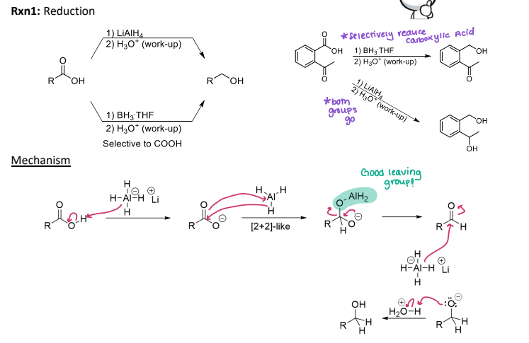 <p><strong>Reaction #7) - _________</strong></p><ul><li><p>Reduction process that reduces <strong>BOTH <mark data-color="yellow" style="background-color: yellow; color: inherit;">ketones and COOH down to an alcohol </mark></strong></p></li></ul><p></p>