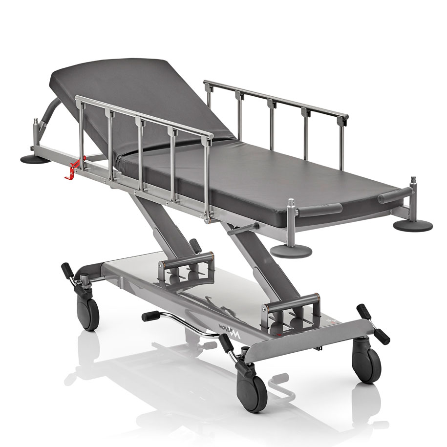 <p>lock the stretcher securely against examination table</p>