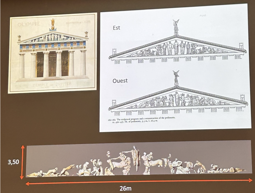 <p>26m de long sur 3,5 m de haut. Figure centrale = Zeus, plus grand que les autres.</p><p>Du<strong><u> coté Est</u> </strong>est représentée une scène fondamentale dans l’histoire du sanctuaire d’Olympie :<strong> <u>Pélops et Œnomaos se préparant à une course de char.</u></strong></p><p>Le mythe de Pélops et Œnomaos raconte l’origine des Jeux Olympiques et la prise de pouvoir de Pélops dans le Péloponnèse.</p><p class="p1">Pélops veut épouser Hippodamie, la fille du roi Œnomaos, souverain de Pise (près d’Olympie). Mais Œnomaos, qui ne veut marier sa fille à personne, lance un <strong>défi mortel</strong> à tous ses prétendants : une <strong>course de char</strong> contre lui. S’ils perdent, il les tue. Il est presque invincible grâce à ses chevaux magiques offerts par Arès. Pélops, sachant qu’il ne pourrait pas gagner seul, demande de l’aide au conducteur de char d’Œnomaos, Myrtilos (ou parfois au dieu Poséidon, selon les versions). Myrtilos accepte de trahir le roi et <strong>sabote son char</strong>. Pendant la course, le char d’Œnomaos se brise, il est projeté et meurt. Pélops remporte la victoire et épouse Hippodamie. Il devient un grand roi et donne son nom au <strong>Péloponnèse</strong> (« l’île de Pélops »).</p><p class="p1">Développant symétrique dans les deux ails du fronton. Zeus est invisible aux yeux des personnages, seul les spectateurs le voient en tant que axe central.</p><p class="p1"><strong>Scène du calme avant le chaos.</strong></p><p class="p1"></p>