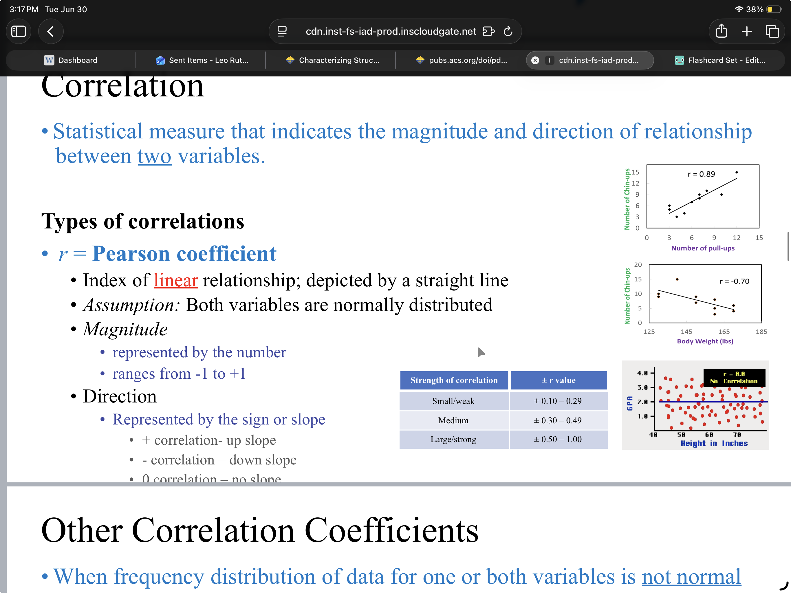 <p>pearson coorelation coefficient. Indicator of the linear relationship between two variables. </p><p>It assumes both variables are normally distributed.</p><p>Magnitude: from -1 to +1</p><p>Direction: +, -, 0</p>