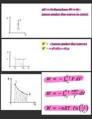 <p>Let's consider the work done on a gas during different quasistatic processes:</p><p> (a) Constant volume: (an isochoric or isovolumetric process)</p><p> - dV = 0 therefore W = 0</p><p>(area under the curve is zero)</p><p> (b) Constant pressure: (an isobaric process)</p><p> W = -(area under the curve)</p><p> = - P (V𝒻' - Vₒ)</p><p> (c) Constant temperature: an isothermal process.</p><p>For an ideal gas, the equation of state is PV = nRT,</p><p>W = PIC</p>