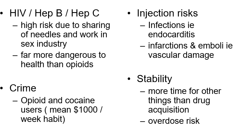 <p><span>Story of HIV arrival in Edinburgh (1983):</span></p><p style="text-align: left;"><span> Police confiscating needles & works -> shooting galleries</span></p><p style="text-align: left;"><span> HIV +</span><span style="font-family: "Times New Roman";">ve man arrived from Spain in the drug scene</span></p><p style="text-align: left;"><span> Relative shortage of heroin -> more IV use</span></p><p style="text-align: left;"><span>Net result was 70-80% IV users ended up HIV +</span><span style="font-family: "Times New Roman";">ve</span></p>