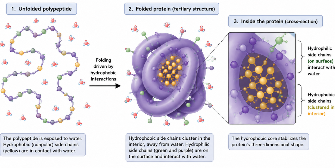 <p>cause nonpolar amino acid side chains to cluster in the interior of the protein, away from water. This helps the protein fold into a stable three-dimensional (tertiary) structure.</p>