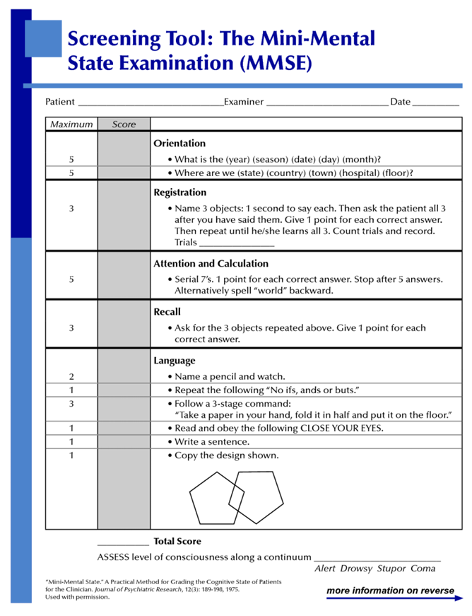 <p><strong>Recall:</strong> Ability to remember objects named earlier</p><p>“I asked you to remember 3 words a moment ago, what were they?”</p><p>Ask for the 3 objects repeated from Registration. Give 1 point for each correct answer</p><p>“Cat, Basketball, and I don’t know the last one”</p><p>“That’s fine thank you (1/3 points)”</p>