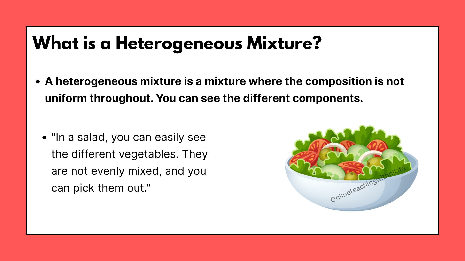 <p>mixture of two or more substances that are not evenly distributed throughout. </p>