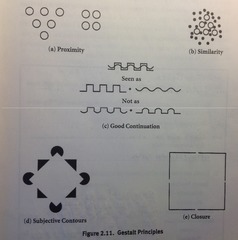 <p>We tend to group objects according to the following: proximity, similarity, closure, continuity and connectedness</p>