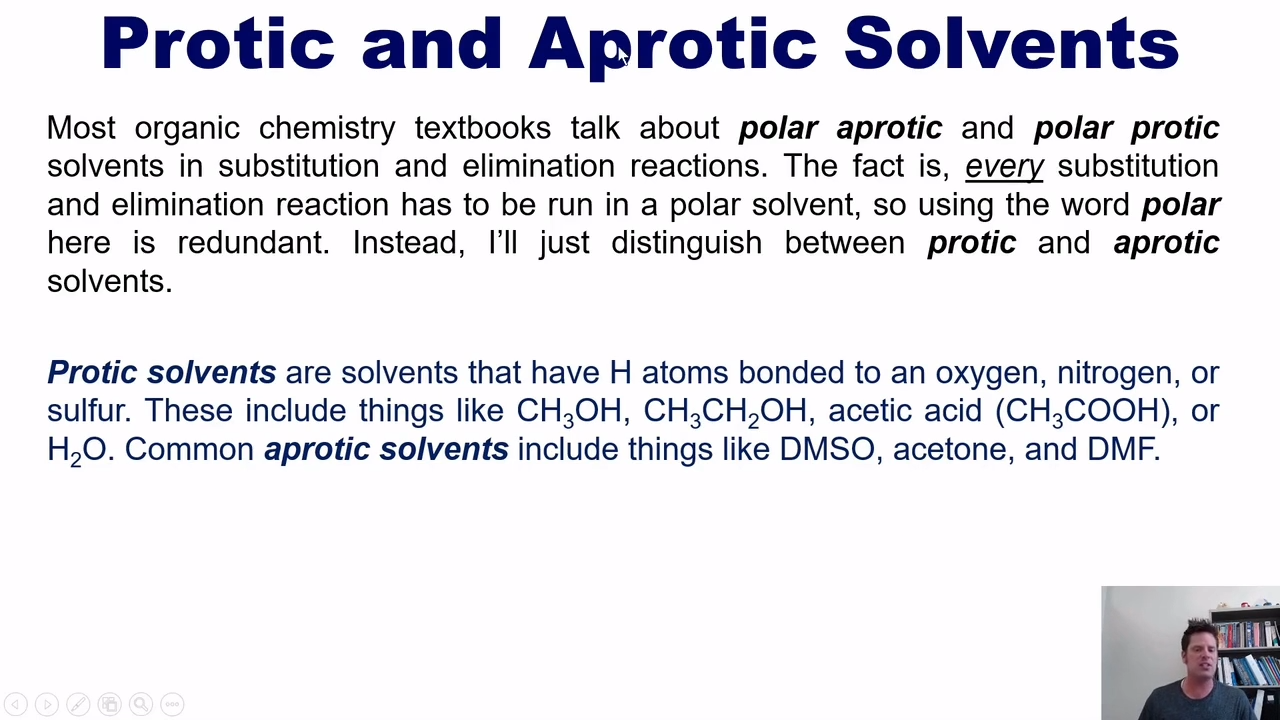 <p>solvents with H atoms bonded to oxygen, nitrogen, or sulfur NOS</p>
