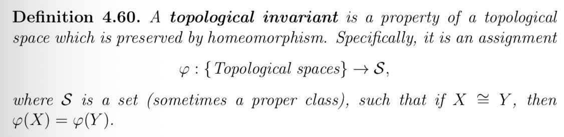 <p><span>In simpler terms a topological invariant is a property of a topological space X, such that given any other space Y, if Y is homeomorphic to X, then Y has it too.</span></p><p><span>We can use this to prove that two spaces are not homeomorphic, but not the other way around.</span></p>