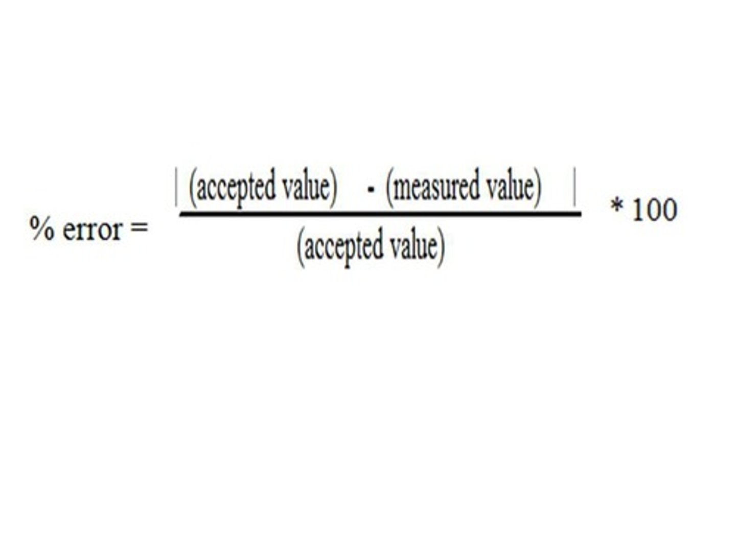 <p>|accepted value-measured value| / accepted value x100</p>