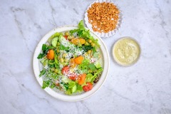 <p>Summer seasonal lettuce blend, peso marinated chickpeas, roasted cherry tomatoes, Persian cucumbers, basil, parmesan, and a side of our parmesan croutons and creamy Italian Vinaigrette.</p><p>Add ons: </p><p>hand-pulled organic chicken +$3.95</p><p>7-minute egg +$2.00</p><p>Herb-roasted salmon +$6.95</p><p>half an avocado +$2.25</p><p>Dresing options: Creamy Italian Vinaigrette(rec), Lemon pasta Vinaigrette, Lemon vinaigrette. </p><p>Extra sauce +$1.95</p><p>Modifications: no pesto chickpeas, no parmesan croutons, no parmesan, no tomatoes</p><p>Allergens: Dairy, Seeds (sunflower), Soy</p>