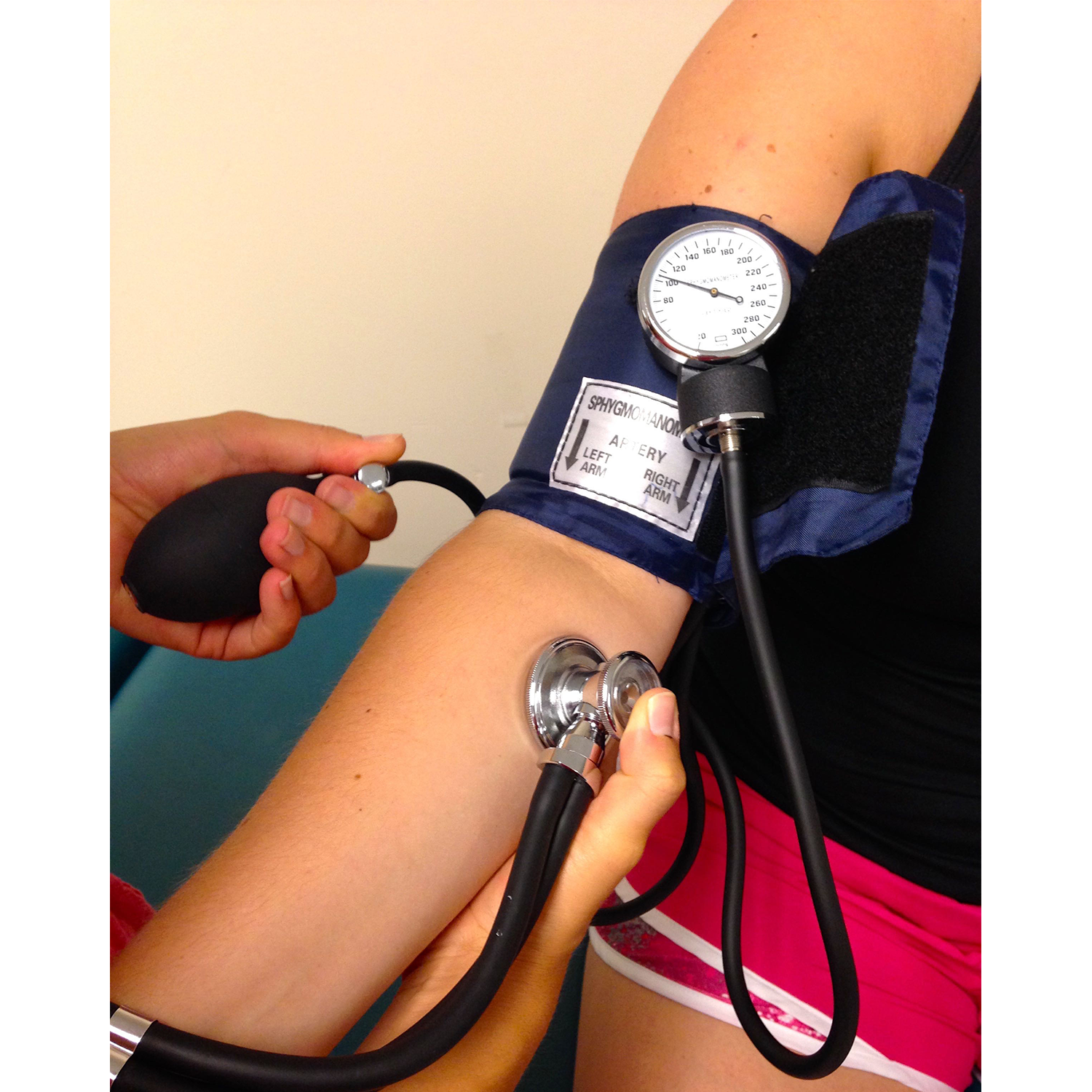 <p>A physical therapist measures the blood pressure of a patient sitting upright over the edge of a plinth.&nbsp; Based on the presented image,&nbsp;what is the <strong>GREATEST</strong> source of measurement error?</p><p> <strong>1. </strong>Positioning of the upper extremity</p><p><strong> 2. </strong>Positioning of the&nbsp;sphygmomanometer&nbsp;</p><p><strong> 3. </strong>Positioning of the&nbsp;diaphragm of the stethoscope</p><p><strong> 4. </strong>Positioning of the&nbsp;inflation bulb</p><p></p>