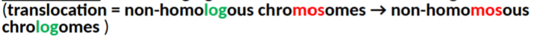 <ul><li><p>interchanging of material from 2 non-homologous chromosomes</p></li></ul><p></p>