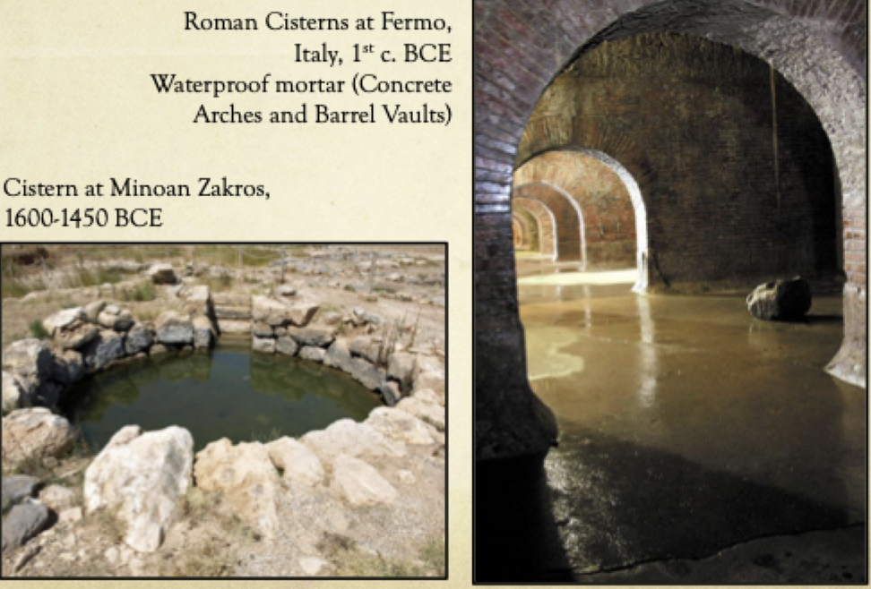 <p> </p><ul><li><p>Water is often collected by rainfall</p></li></ul><ul><li><p>Large storage tanks were often built right into the bedrock in the ground</p></li><li><p>Lined with waterproof mortar (concrete)</p></li></ul><p></p>