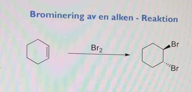 <p>gives trans products meaning the bromines attach on opposite sides </p><p></p><p></p>