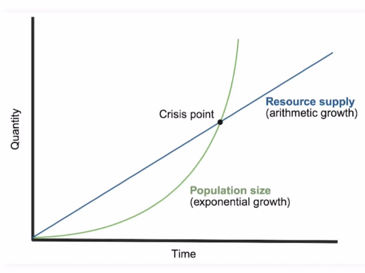 <p>Proposed by Thomas Malthus, any living species increases exponentially while food production increases linearly, showing that food production will not be able to keep up with population growth </p>