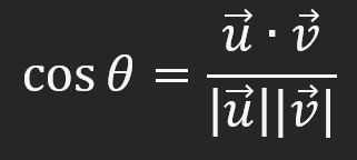 <p>cos(theta/degree)=u*v/(|u||v|)</p>