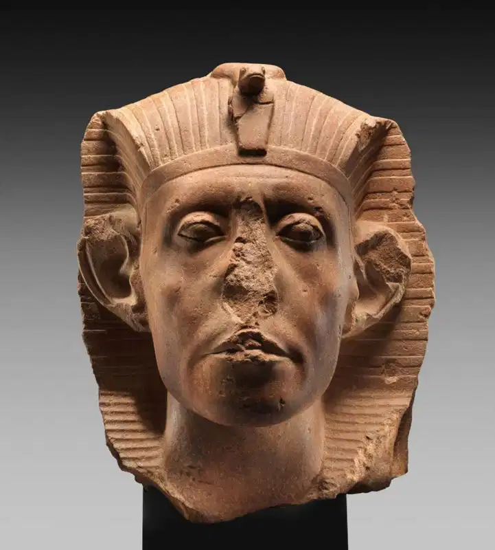 <ul><li><p>not smiling</p></li><li><p>his face is more aged/discontented/serious unlike other depictions of kings</p></li><li><p>cobra on his head</p></li><li><p>red quartzite</p></li><li><p>nose broken off</p></li></ul><p></p>