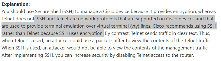 <p><span>SSH provides encryption, whereas Telnet does not</span></p>