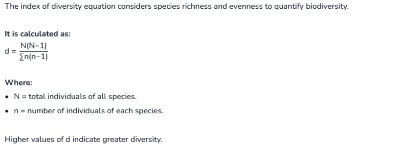 <p>a mathematical measure of species diversity in a community that incorporates both <strong>species richness</strong> (the total number of different species) and <strong>species evenness</strong> or <strong>abundance</strong> (the relative population size of each species)</p>