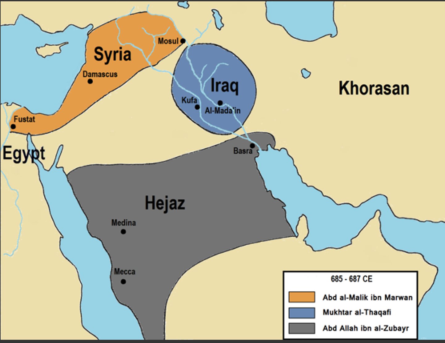 <p>Fought against and killed by Abd al-Malik in civil war. Claimed he was a caliph in Mecca and Medina.</p>