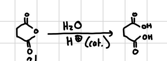 <p>This basically removes the oxygen from the center of a cyclic molecule and ends the two sides in alcohol groups </p><p>Reagents: H2O, H+ (cat.)</p><p>If EtOH is used instead of H2O one of the alcohol groups will instead be OEt </p>