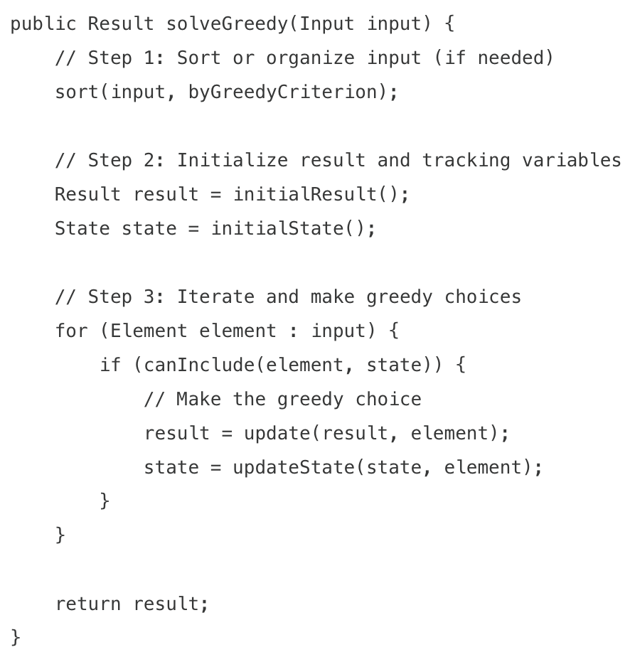 <ul><li><p>locally optimal choices at each step, hoping to find a global optimum. work when optimal choices lead to global optimal solutions</p></li><li><p>when to use</p><ul><li><p>optimization problems with greedy choice propery</p></li><li><p>interval scheduling</p></li><li><p>huffman coding</p></li><li><p>activity selection</p></li><li><p>when proof by exchange argument works</p></li></ul></li></ul><p></p>