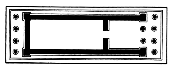 <p>A temple with a prostyle portico of columns at both the front and rear, but none along the sides.</p>