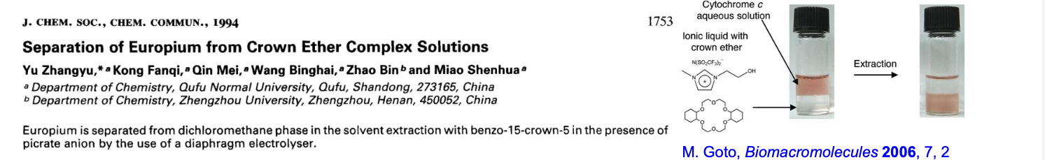 <p>Macrocycles have the ability to bind certain metallic atoms in the middle of their ring. The metallic atoms can then be released in organic solvents, something that had been difficult before. This opened up possibilities for bringing about chemical reactions in laboratories and synthesizing a wide quantity chemical compounds.</p><p class="p1">• <strong>Extraction</strong>: metals, solvents, molecules.</p><p class="p1"></p><p class="p1"><strong>Phase transfer catalysis.</strong></p><p class="p1">It promotes the reaction between mutually immiscible reagents as the hydrophobic ring in <span style="line-height: normal;">the crown ethers is used for increasing the solubility of alkali metal salts in polar solvent,</span>e.g. water<span style="line-height: normal;">.</span></p><p class="p1">To date, > 600 industrial processes involve phase transfer catalysis.</p>