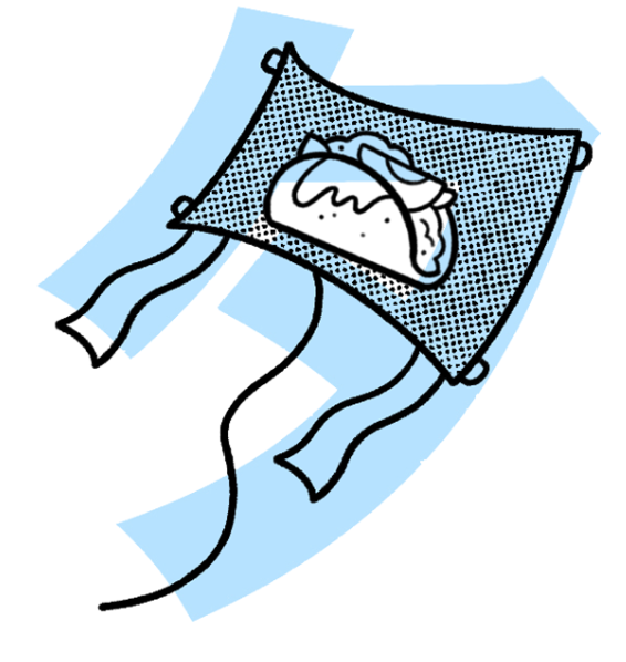 <p>“Ta” → looks like a kite. Kites are called <span><u>た</u>こ in Japanese → ITS A KITE WITH A TACO IN IT</span></p>