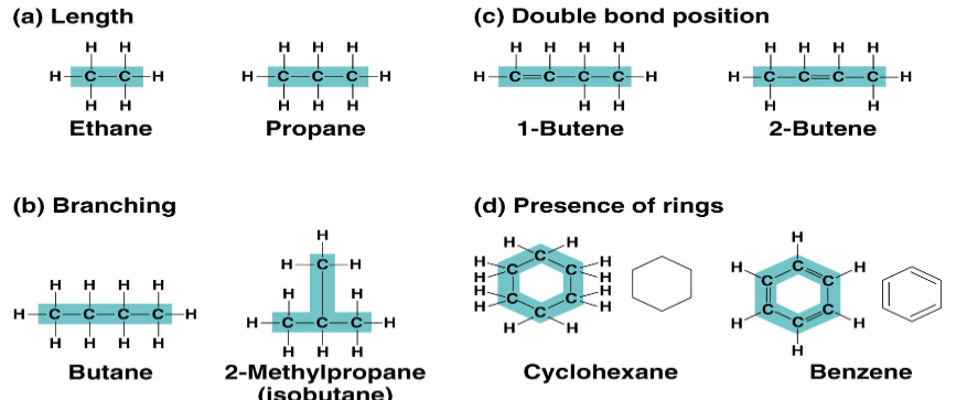 <ol><li><p>Length</p></li><li><p>Branching</p></li><li><p>Double bond position</p></li><li><p>Prescence of Rings</p></li></ol><p></p>