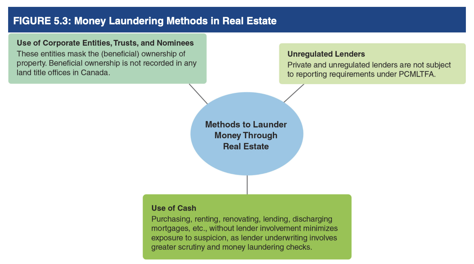 <ol><li><p>use of corporate entities, trusts and nominees</p></li><li><p>unregulated lenders</p></li><li><p>use of cash</p></li></ol><p></p>