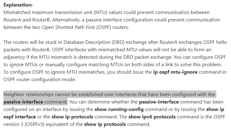 <p>mismatched MTU values &amp; a passive interface configuration</p>
