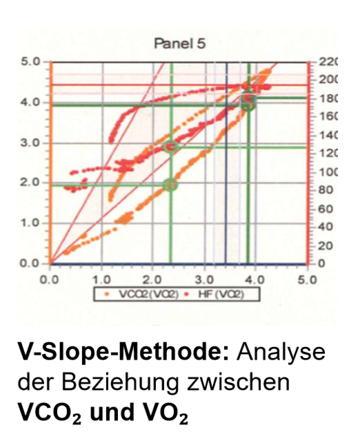 <p>Man analysiert VCO2(VO2), also das verhältnis von co2 und o2, welches geatmet wird, ab einem Punkt sollte ein knick erkennbar sein.</p>