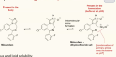 <p>- At low pH (~3), midazolam exists as a dihydrochloride salt, with protonated nitrogen atoms.</p><p>- This charged form is highly water-soluble, making it suitable for injectable or oral liquid formulations.</p><p>- When the drug enters the body (at pH ~7.4), it loses the extra protons and becomes neutral and lipophilic.</p><p>- The neutral form can cross the blood-brain barrier quickly, leading to fast onset of action.</p><p>- This pH-triggered shift allows midazolam to be both formulation-friendly and highly effective in the CNS.</p>