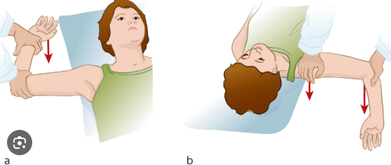 <p>Lift the arm out to the side and bend the elbow. Slowly move the hand backward. If it feels like the shoulder might pop out or you get nervous, it’s positive.</p><p>Glenohumeral instablity (shoulder subluxation/dislocation histroy)</p>