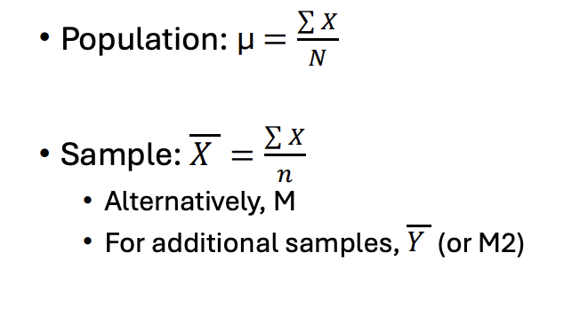 <ul><li><p>the arithmetic average of <span style="color: red;"><strong>all scores</strong></span></p><ul><li><p>Influenced by extreme scores and mean is easily affected</p></li></ul></li><li><p>Population: mu symbol</p></li><li><p>Use for data in interval or ratio scales</p></li><li><p>More useful for symmetrical distributions (<strong>normal</strong>)</p></li><li><p>most statistics based on means</p></li></ul><div data-type="horizontalRule"><hr></div><ul><li><p>Salary is not summarized with means</p><ul><li><p>Typically positively skewed, therefore not useful</p></li></ul></li></ul><p></p>