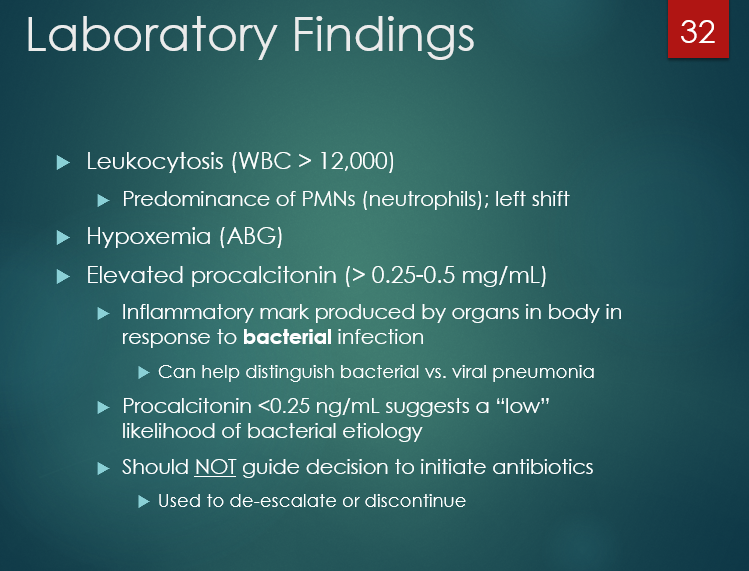 <p>for DEESCALATION purposes… we are not using it to decide whetehr to start antibiotics! </p><p><sup>(reason - takes time to peak… cann take 6-24 hours for  procalcitonin to peak… but bacterial is abrupt onset so can be sticky if we were using it for that….)</sup></p><p></p>