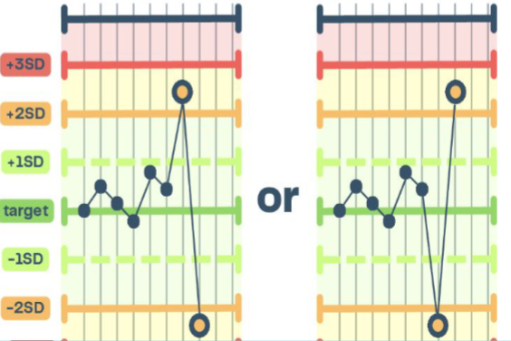 <ul><li><p><strong>1 QC data point is +2 SD away and 1 point is -2 SD away in a single run</strong></p></li><li><p>QC FAILURE</p></li></ul><p></p>