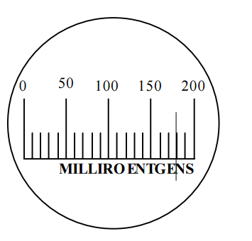 <p>What is the reading of the pocket dosimeter noted below? [Needle aligns at 180]</p><p>A) 150 mR</p><p>B) 160 mR</p><p>C) 180 mR</p><p>D) None of the above</p>