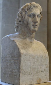 <p>(a herm with the head of Alexander the Great, 356-323). Date: late 4th century BCE. Culture: Greek. Artist: Lysippos. 27” high, marble. Louvre Museum.</p><p>• Roman version after an original Greek artwork</p>