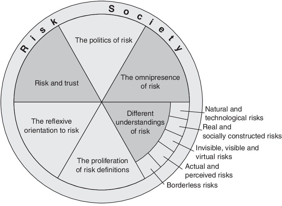<ol><li><p>The omnipresence of risk;</p></li><li><p>Different understandings of risk;</p></li><li><p>The proliferation of risk definitions;</p></li><li><p>The reflexive orientation to risk;</p></li><li><p>Risk and trust;</p></li><li><p>The politics of risk</p></li></ol><p></p>