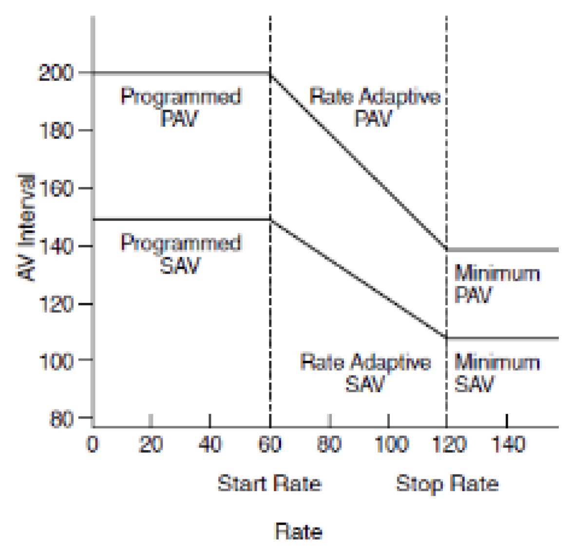 <p>shortens AV intervals at elevated heart rates to maintain 1:1 tracking and AV synchrony for patients in heart block</p>