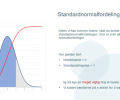 <p>Standardnormalfordelingen er en <strong>symmetrisk klokkeformet kurve</strong>, hvor:</p><p>Middelværdien (gennemsnittet) = 0</p><p>Standardafvigelsen = 1</p><p>X-aksen måles i <strong>z-værdier</strong></p><p>Vi bruger standardnormalfordelingen, når vi beregner konfidensintervaller, fordi den <strong>beskriver, hvordan værdier er fordelt omkring gennemsnittet</strong>. Den gør det muligt at finde sandsynligheder for, at en værdi falder indenfor et bestemt interval.</p>