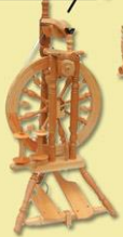 <p>verticle wheel, double treadle, flyer above the wheel</p>