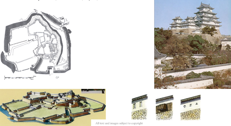 <p>[himeji castle] What are some of the defensive features see here? How does this compare to what is found in medieval European castles?</p>