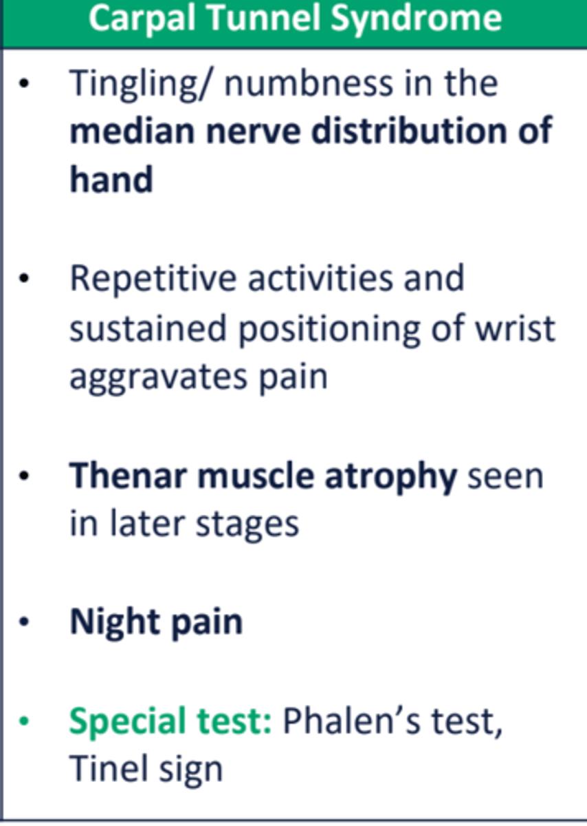<p>thenar muscle atrophy --> ape hand</p>
