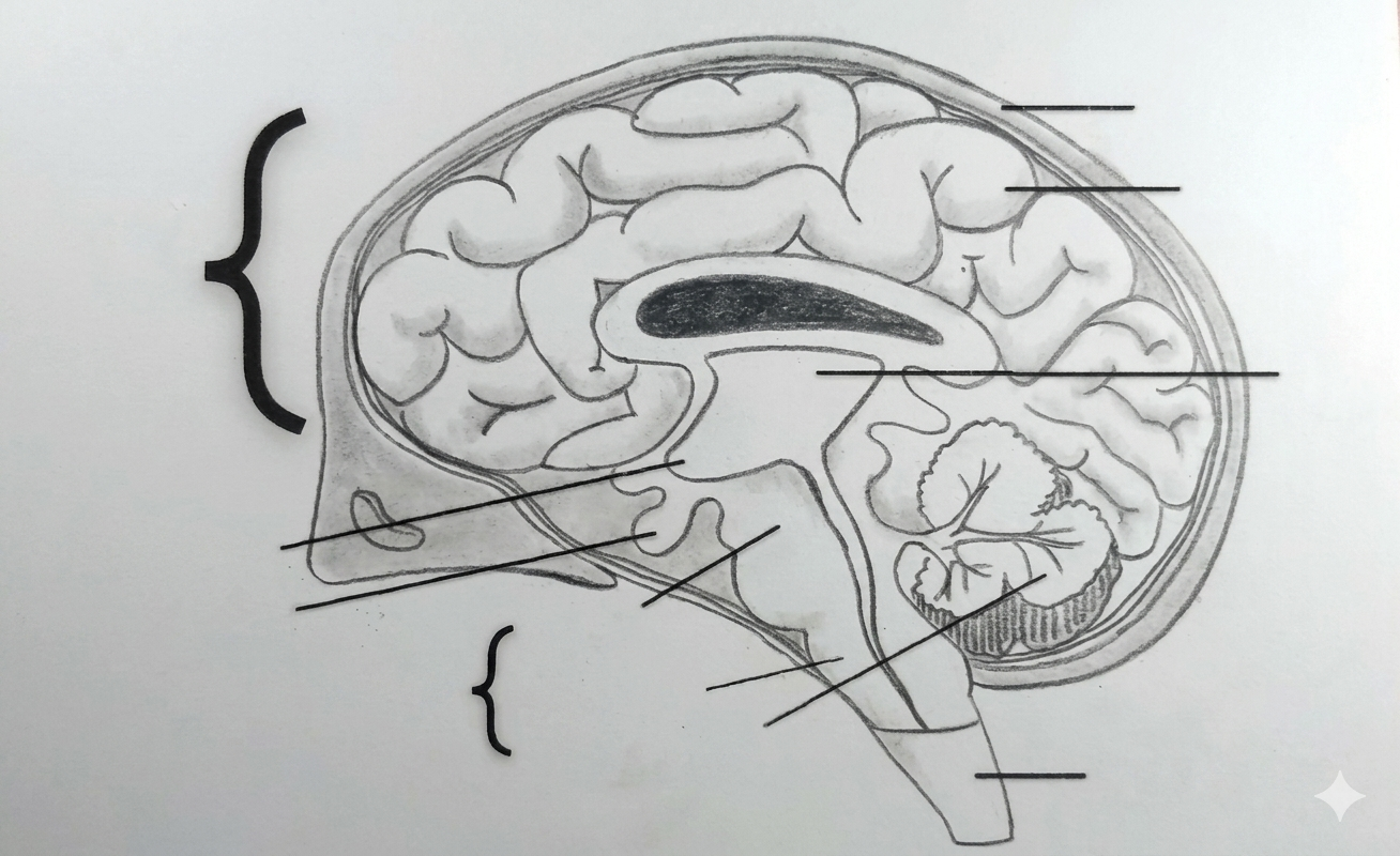 <p>Mid brain, pons, cerebrum, hypothalamus, medulla, cranium, cerebellum, pituitary gland, spinal chord, fore brain</p>
